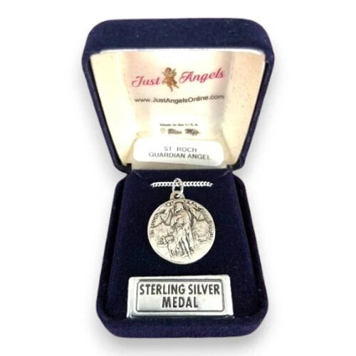Sterling Silver Saint Roch Round Pendant Necklace St Roch Medal Catholic Jewelry