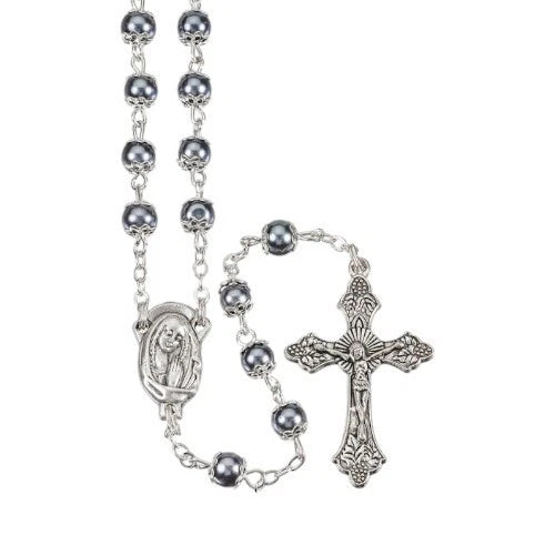 Hematite Stone Rosary w/ Pardon Crucifix, Prayer Beads, Catholic Gifts 5mm