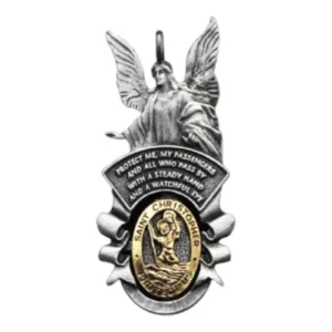 Guardian Angel with St. Christopher Car Charm Metal Art, 2-3/4"